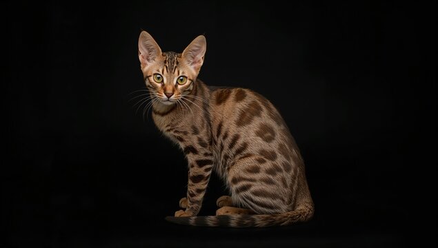 Black background with an F5 SBT Savannah cat