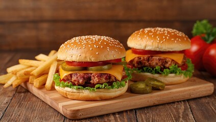 Delicious grilled burgers with fresh vegetables and creamy sauce served on a rustic wooden surface.