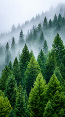 Fototapeta premium Tall evergreen trees dominate the landscape, shrouded in mist. The peaceful atmosphere showcases nature's beauty on a foggy morning in the forested area