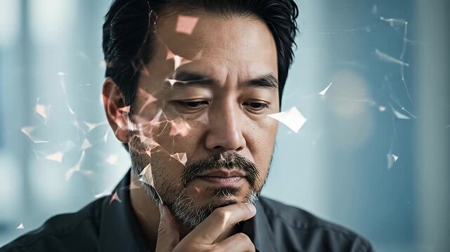 Thoughtful man gazes down with geometric overlays; light blue blurred background