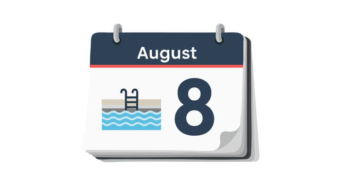 August 8th swimming holiday plan with stylized calendar design highlighting pool days for summer vacations and seasonal leisure activities