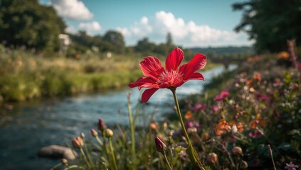 Vibrant red blossoms of Asoka Adelia thriving by the riverbank