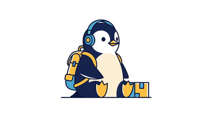 Cartoon Penguin with Headphones and Backpack Ready for Adventure.