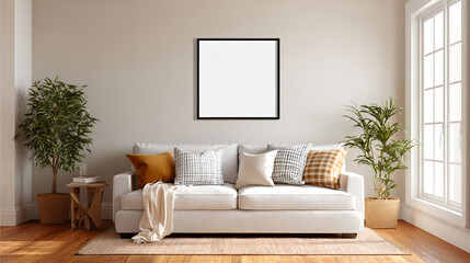 A bright living room features a soft sofa adorned with various pillows. Blank square frame for wall art mockup. Sunlight streams through large windows, creating a warm atmosphere.
