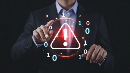 Cybersecurity concept with businessman pointing at a warning sign amid digital data streams online threat detection and prevention