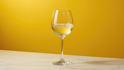 A glass filled with white wine against a bright yellow backdrop