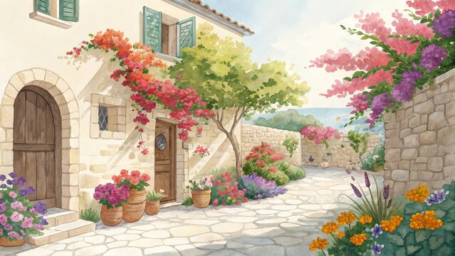 Watercolor illustration of a colorful mediterranean courtyard with blooming flowers