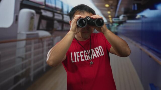 Man holds black binoculars with both hands while scanning horizon on cruise ship deck; alert readiness mission.