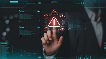 Cybersecurity professional touching screen with error warning attention to network data breach danger information