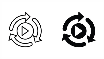 Replay icon set. Replay video button symbol. Repeat icon. Replay video button icon Isolated on white background.