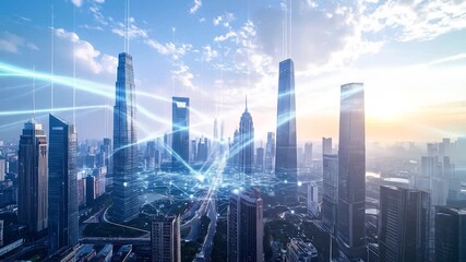 A high-angle view of a modern city with illuminated lines connecting buildings - Powered by Adobe