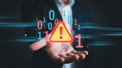 Data breach concept with hand presenting warning sign and binary code cybersecurity threat