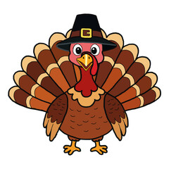 Illustration of hand drawn cartoon turkey with pilgrim hat isolated on transparent background