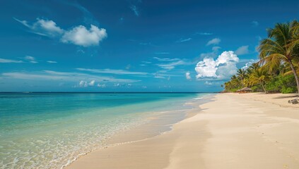 Fototapeta premium Sunny beach scene with clear blue ocean and sandy shore