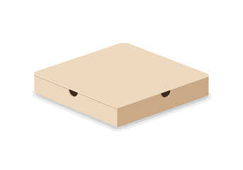 An isometric view of a closed tancolored square pizza box casting a shadow on a white surface