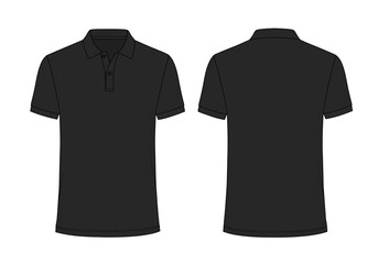 Black polo shirt front and back views on a white background