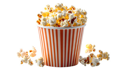 A striped bucket overflowing with fluffy popcorn against a solid black backdrop, some kernels scattered below