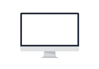 Desktop computer dark frame white screen gray stand front view