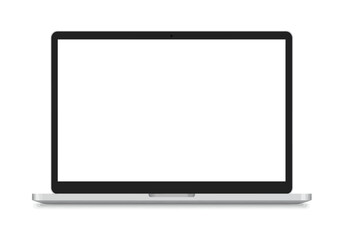 Front view of a laptop The screen is blank and white The laptop is gray and sits on a white surface