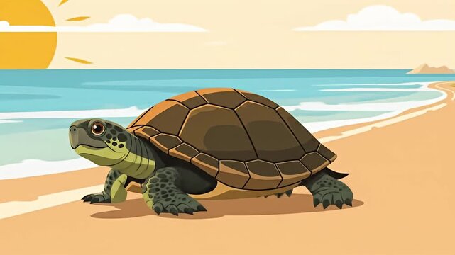 Cartoon style image of a turtle on a beach, ocean, sky, and palm tree in the background