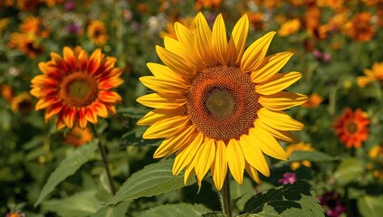 Fototapeta premium Close-up of vibrant orange and red sunflower blooms in a summer garden