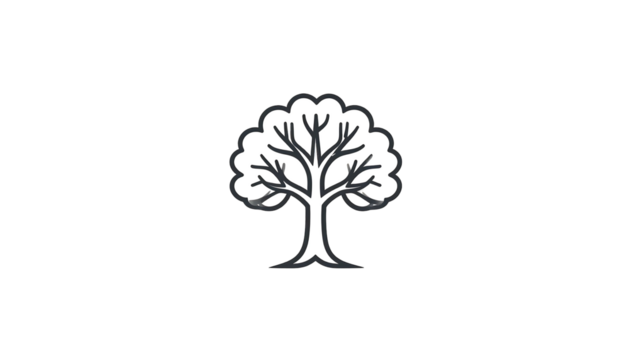 A stylized white tree with detailed branches and rounded leaves isolated on a solid black background
