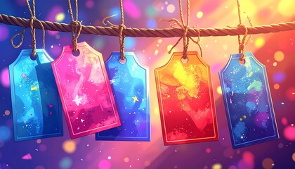 Colorful price tags hanging on a rope with blurred, celebratory lights
