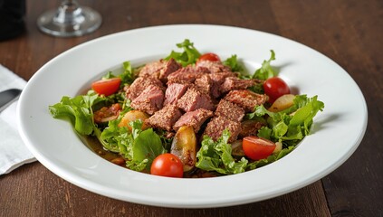Close-up of sliced cooked beef tongue served with fresh salad on a plate at the table. Vertical shot.