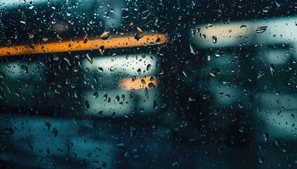 Raindrops on a bus window, view of the street through the wet glass