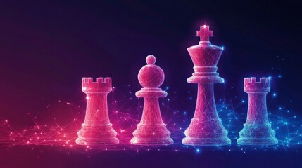 Abstract chess pieces in a low-poly style, illuminated with vibrant colors