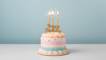 Soft-colored birthday cake adorned with three candles and a sparkler