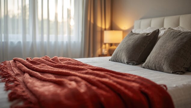 Cozy bed featuring white linens, a red blanket, and gray cushions illuminated by sunlight from a nearby big window