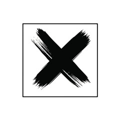 A large black brushstroke X mark inside a square frame on a white background with a bold and graphic design.