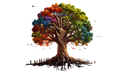 A stylized, sprawling tree with colorful, rainbow foliage against a dark background, with intricate exposed roots