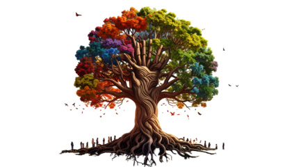 A stylized, sprawling tree with colorful, rainbow foliage against a dark background, with intricate exposed roots