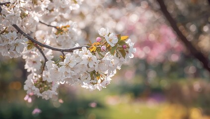 Fototapeta premium Close-up view of white cherry blossoms on tree branches in a garden setting