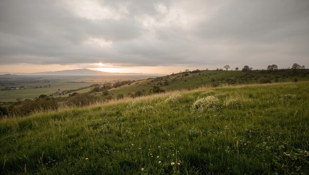 Breathtaking view of a hillside meadow beneath a cloudy sky