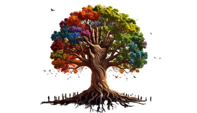 A stylized, sprawling tree with colorful, rainbow foliage against a dark background, with intricate exposed roots