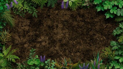 Forest ground covered with grass and soil, natural textures of leaves and plants