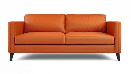 Fototapeta premium Classic orange upholstered sofa with black wooden legs set against a white backdrop with clipping path. Furniture collection