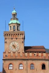 Piazza Maggiore square in Bologna, Italy. Landmarks in Emilia Romagna region. Palazzo d'Accursio (or Palazzo Comunale).