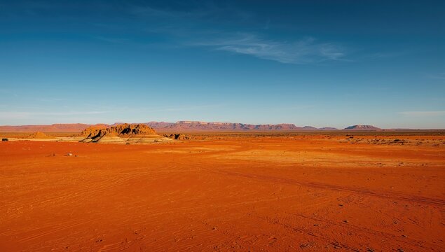 Scenic view of vibrant desert dunes with unique rock structures and multiple 4x4 vehicle tracks