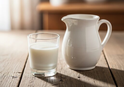 Fresh, creamy milk poured into a clear glass sits beside a pristine white ceramic pitcher on a rustic wooden table, bathed in soft, natural sunlight