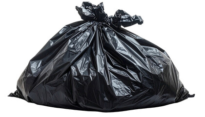 A tied black plastic bag, possibly filled with trash, is shown against a transparent background