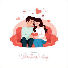 vector Valentine's day card with the image of a young couple sitting on the couch, the concept of comfort, warmth and care