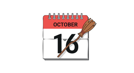 October 16th calendar page with a rustic witch broom, indicating a Halloween-related event or celebration appointment reminder illustration for