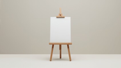 Miniature easel holding a blank white album page on a wooden stand