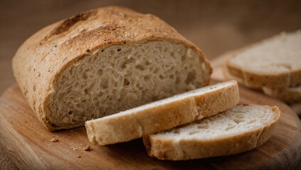 Close-up of sliced classic sourdough loaf on rustic wooden surface