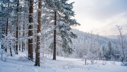 Fototapeta premium Winter season with snow-covered spruce trees