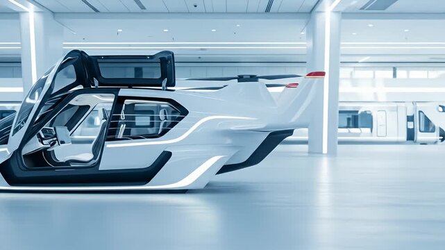 Futuristic transport pod with gull-wing doors stands on a pale blue platform